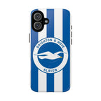 Brighton FC MagSafe iPhone case with blue and white stripes and seagull crest, dual-layer protective design