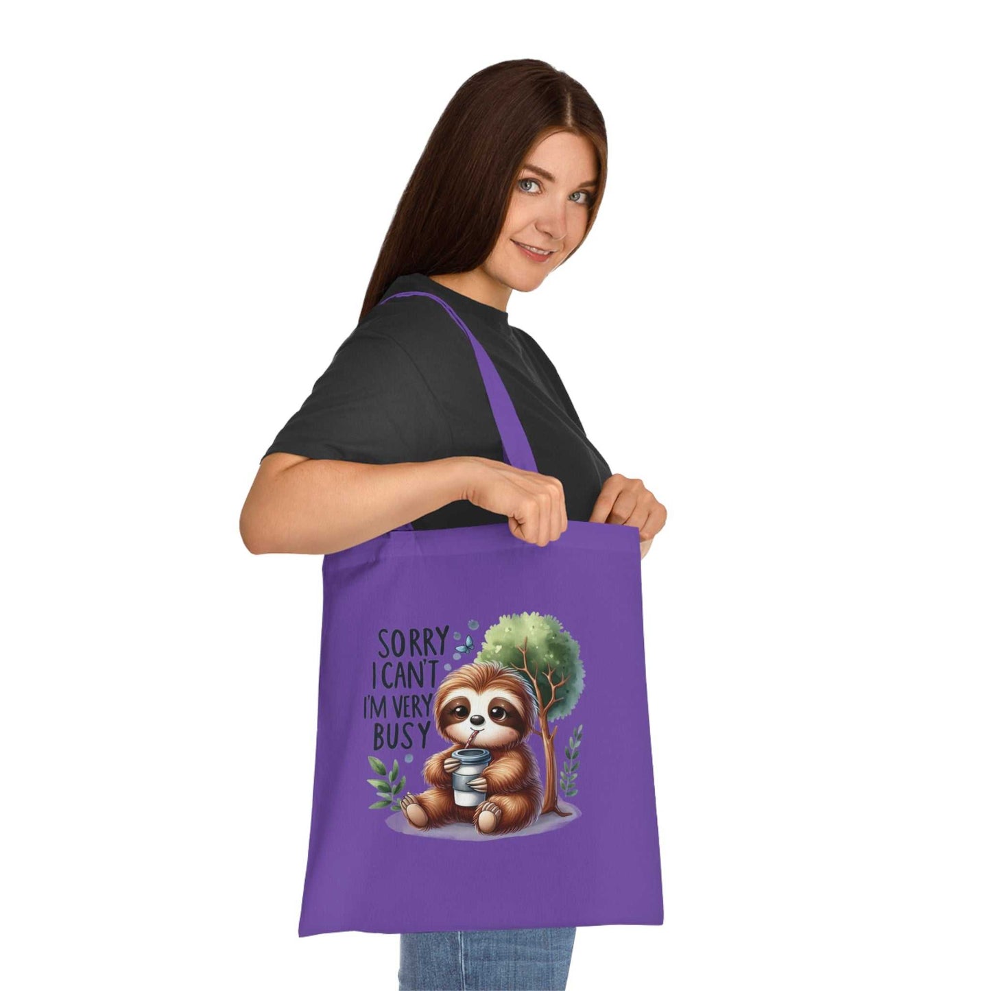 Cotton tote featuring a cute sloth design with vibrant colors, perfect for sloth lovers.