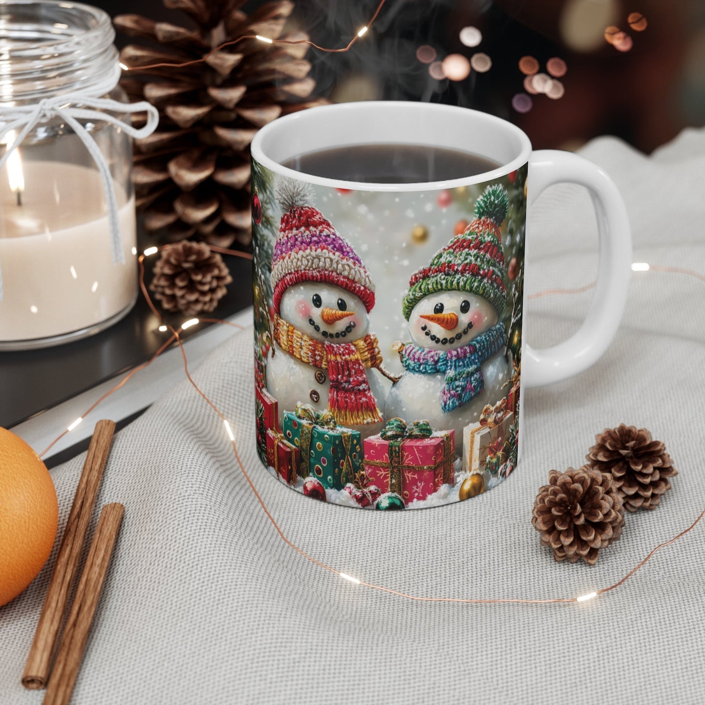 Cute Snowman Christmas Mug with festive design, perfect for holiday sipping.