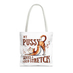 Fun Stretching Cat Tote Bag with cheeky cat design on durable polyester fabric, available in three sizes and multiple handle colors