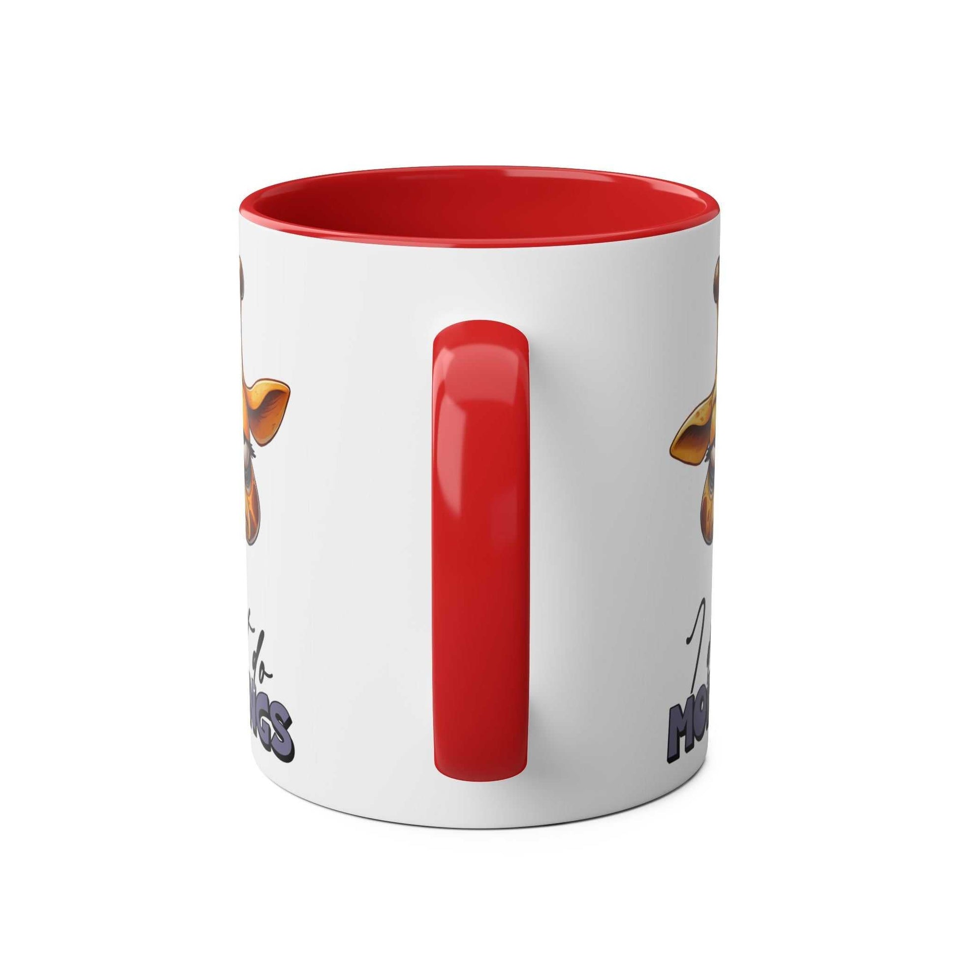 Dont Do Mornings Coffee Mug with playful giraffe design, red handle, 11oz ceramic, microwave and dishwasher safe.