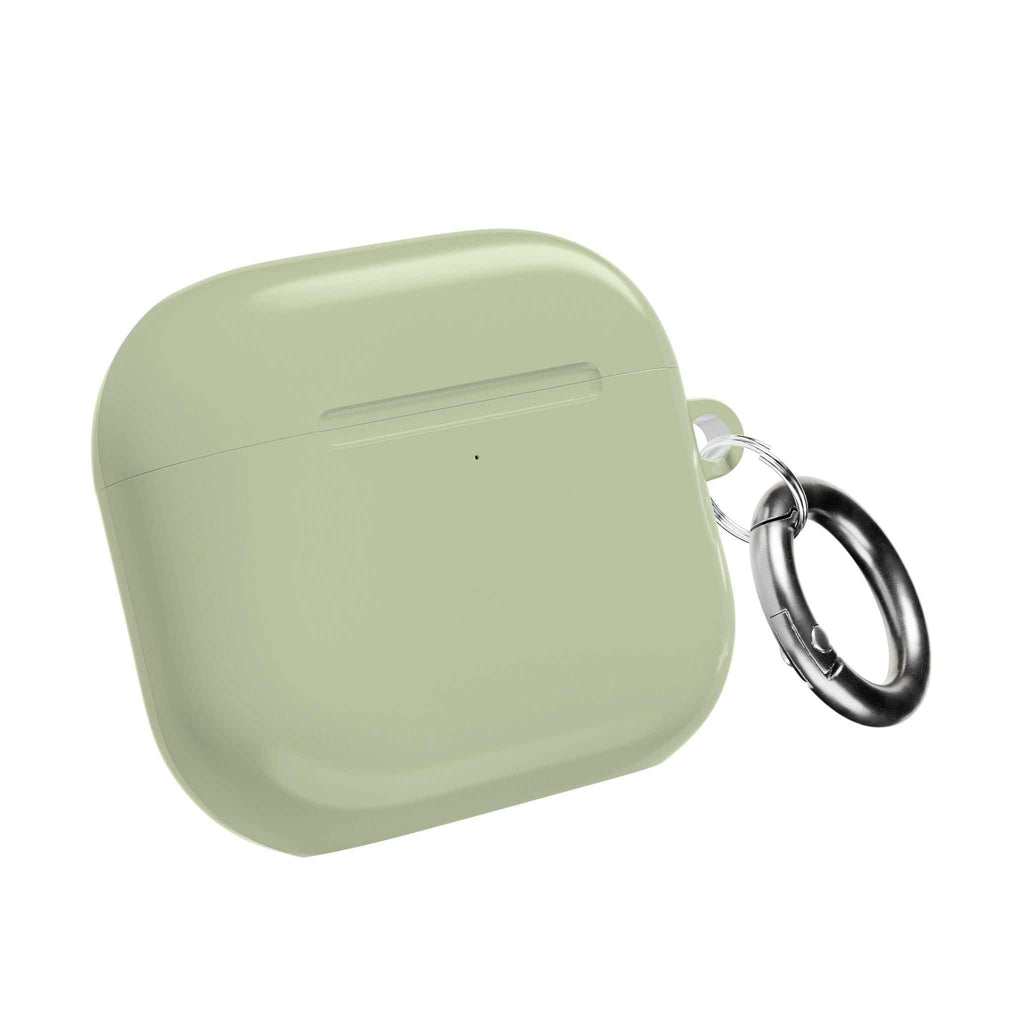 Sage green hard shell AirPods protective case with keyring, durable and lightweight design, compatible with AirPods and AirPods Pro, glossy finish.