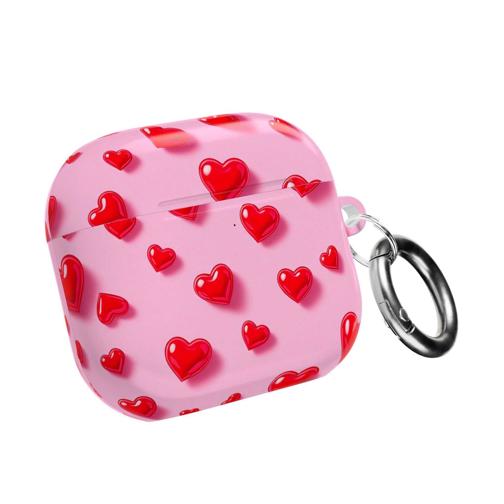 Pink Hearts AirPods protective case with durable hard shell and keyring, compatible with AirPods and AirPods Pro, vibrant pink with red hearts design