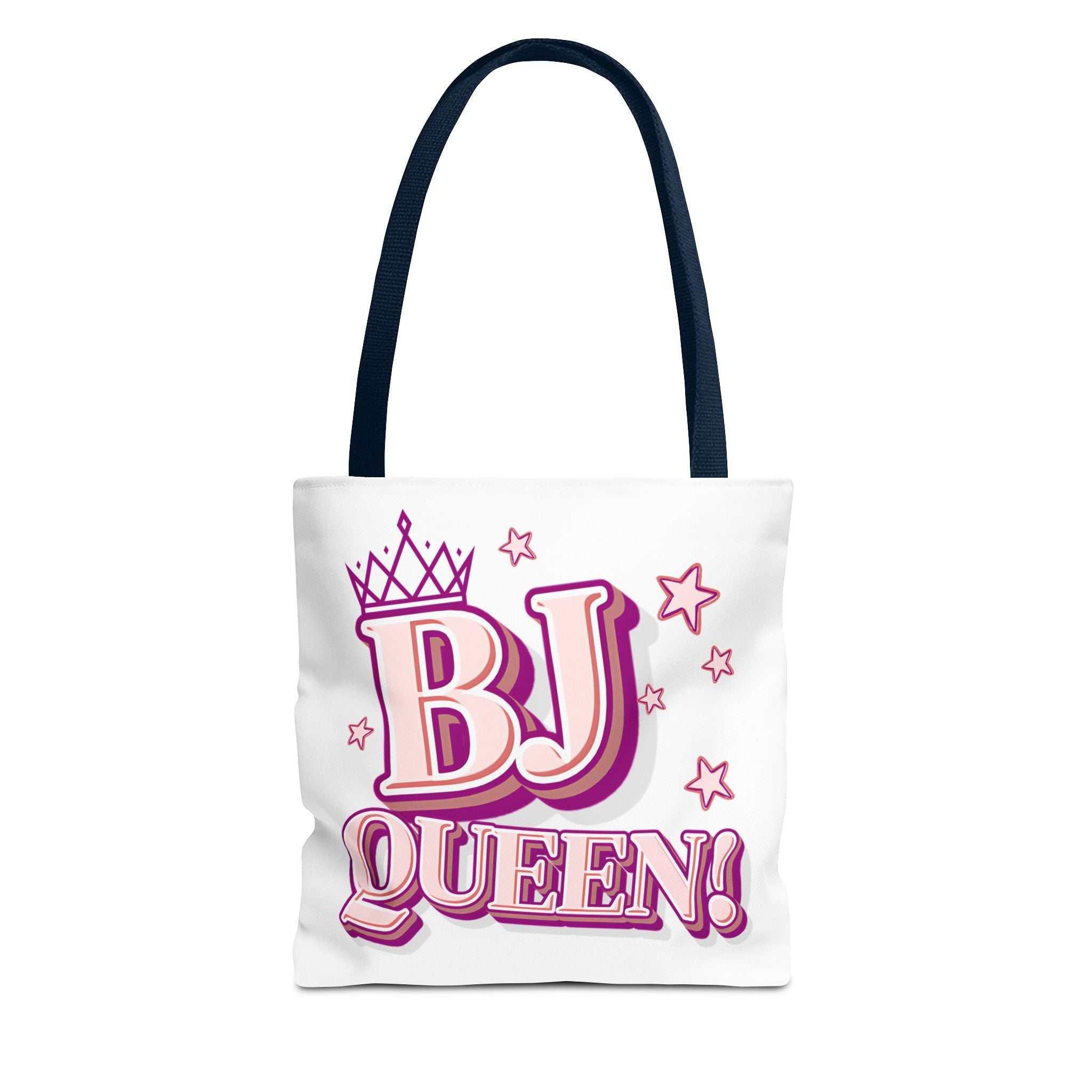BJ Queen Tote Bag with cheeky design, durable spun polyester, available in 3 sizes and 5 handle colors