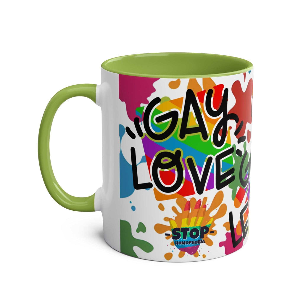 LGBTQ+ Pride Mug with vibrant rainbow design, green handle, and "Gay Love" message, promoting equality and diversity.