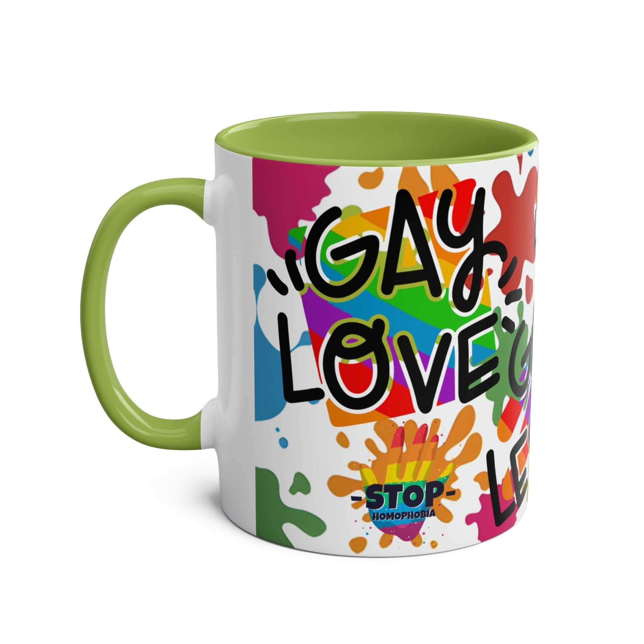 LGBTQ+ Pride Mug with vibrant rainbow design, green handle, and "Gay Love" message, promoting equality and diversity.