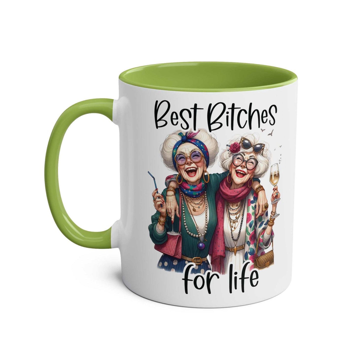 Best Bitches ceramic two-tone mug with colorful design, perfect for friends.