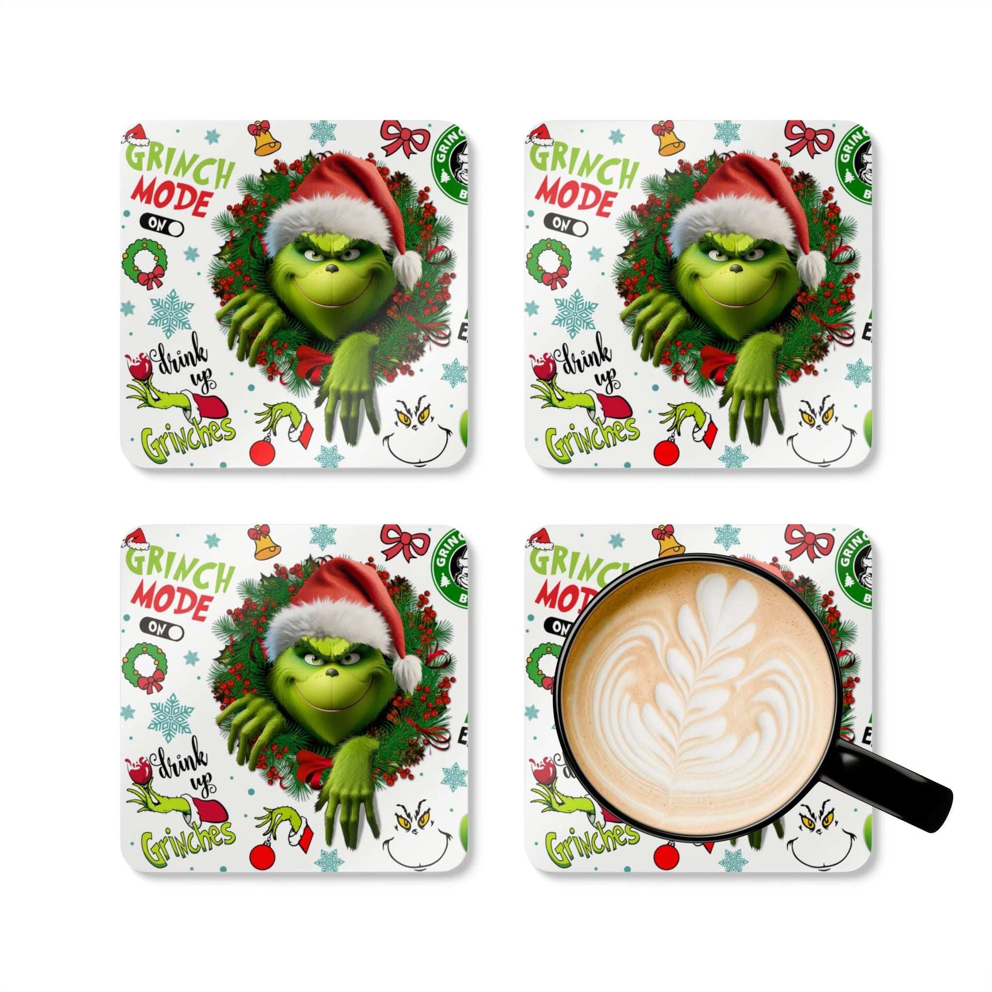 Grinch coaster set featuring festive design with iconic grumpy Grinch, high-gloss finish, non-slip cork backing, and holiday theme.