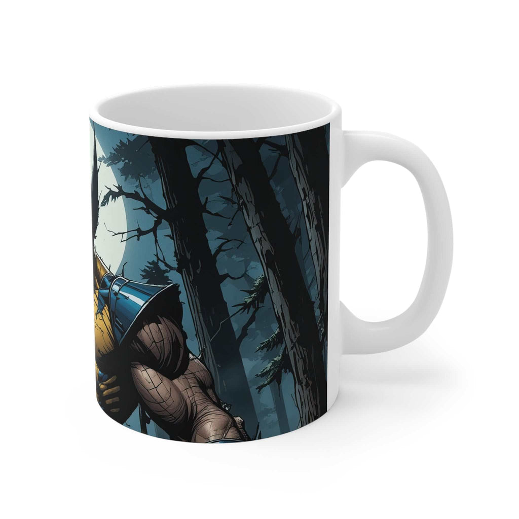 White ceramic coffee mug with glossy finish featuring a Wolverine themed fierce superhero design in a dark forest setting