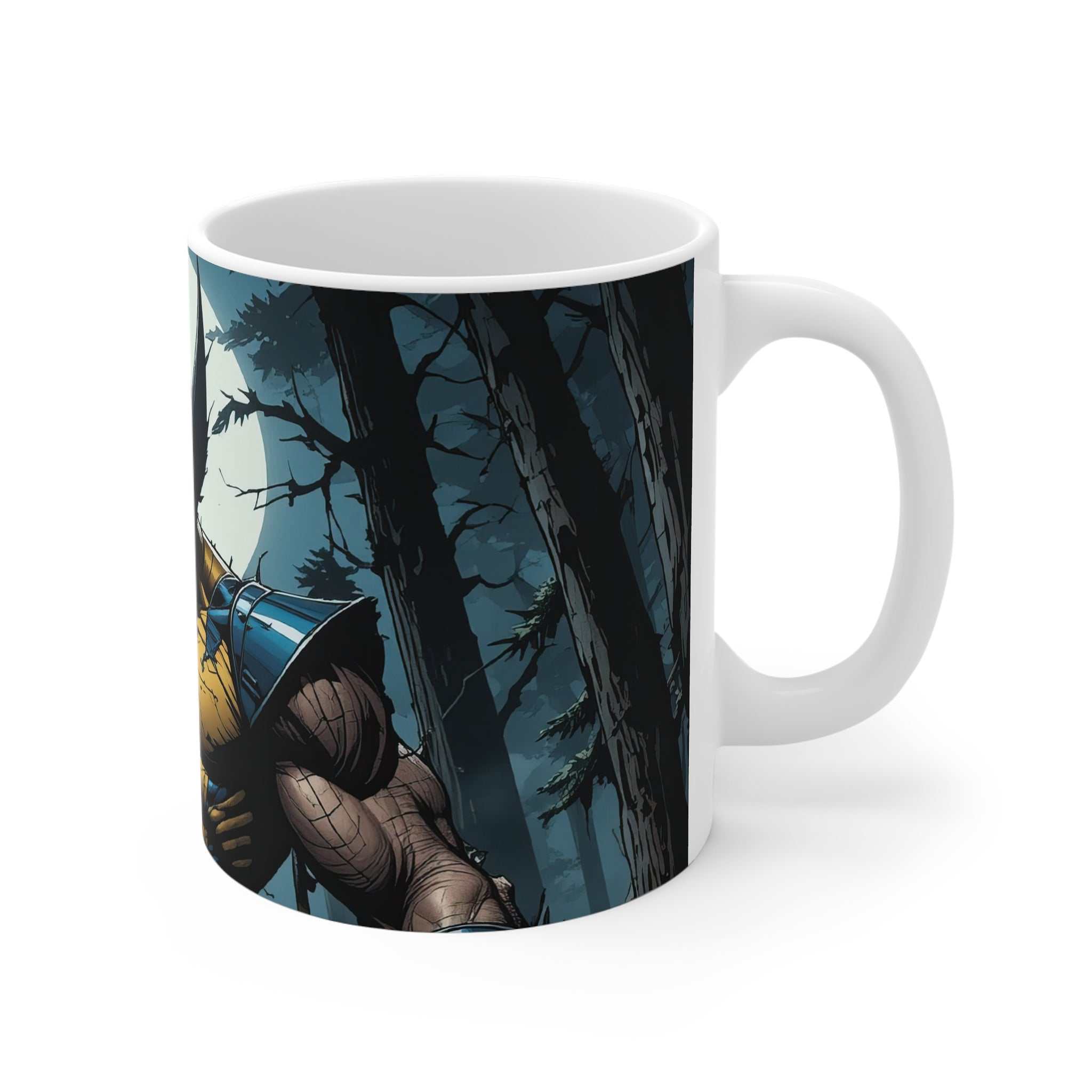 White ceramic coffee mug with glossy finish featuring a Wolverine themed fierce superhero design in a dark forest setting
