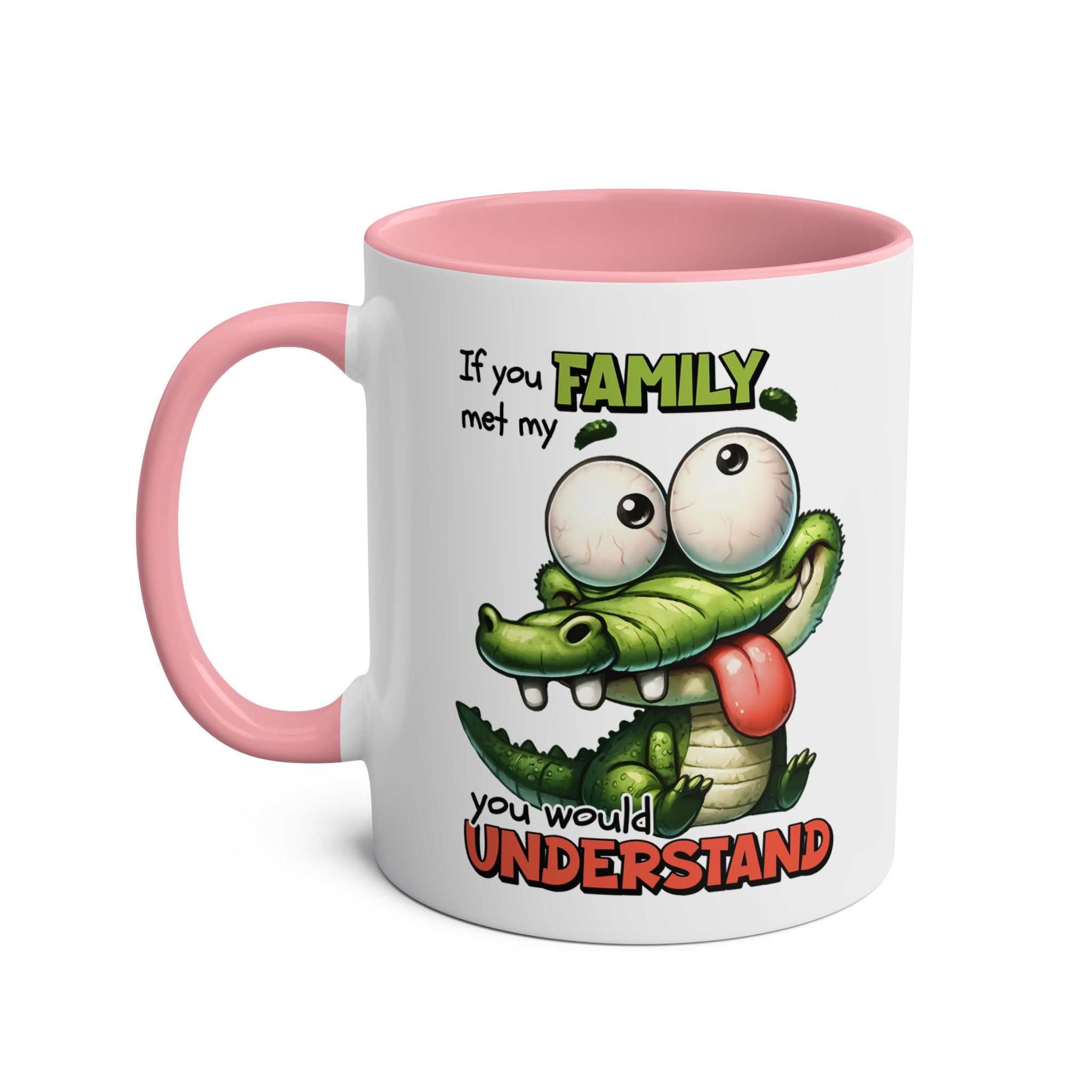 Family Coffee Mug with playful crocodile design, pink handle, and glossy finish.