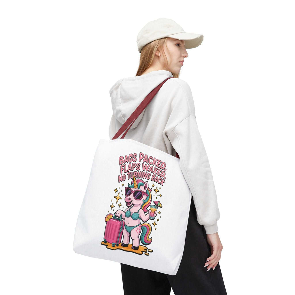 Colorful fun unicorn travel tote bag with cheeky design and cotton straps