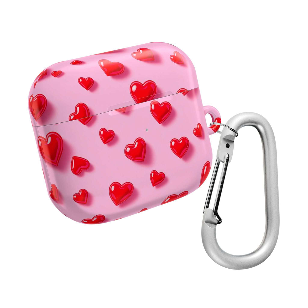 Pink Hearts AirPods protective case with red heart pattern and silver carabiner clip
