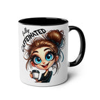 Fun sarcastic coffee mug with humorous character design and "fully caffeinated" text.