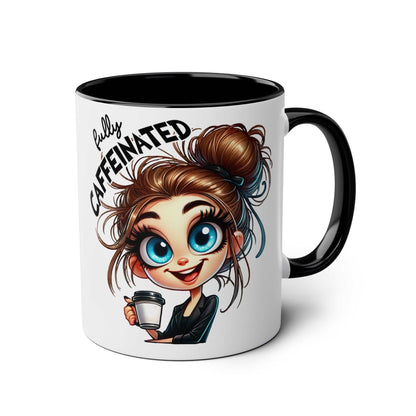 Fun sarcastic coffee mug with humorous character design and "fully caffeinated" text.