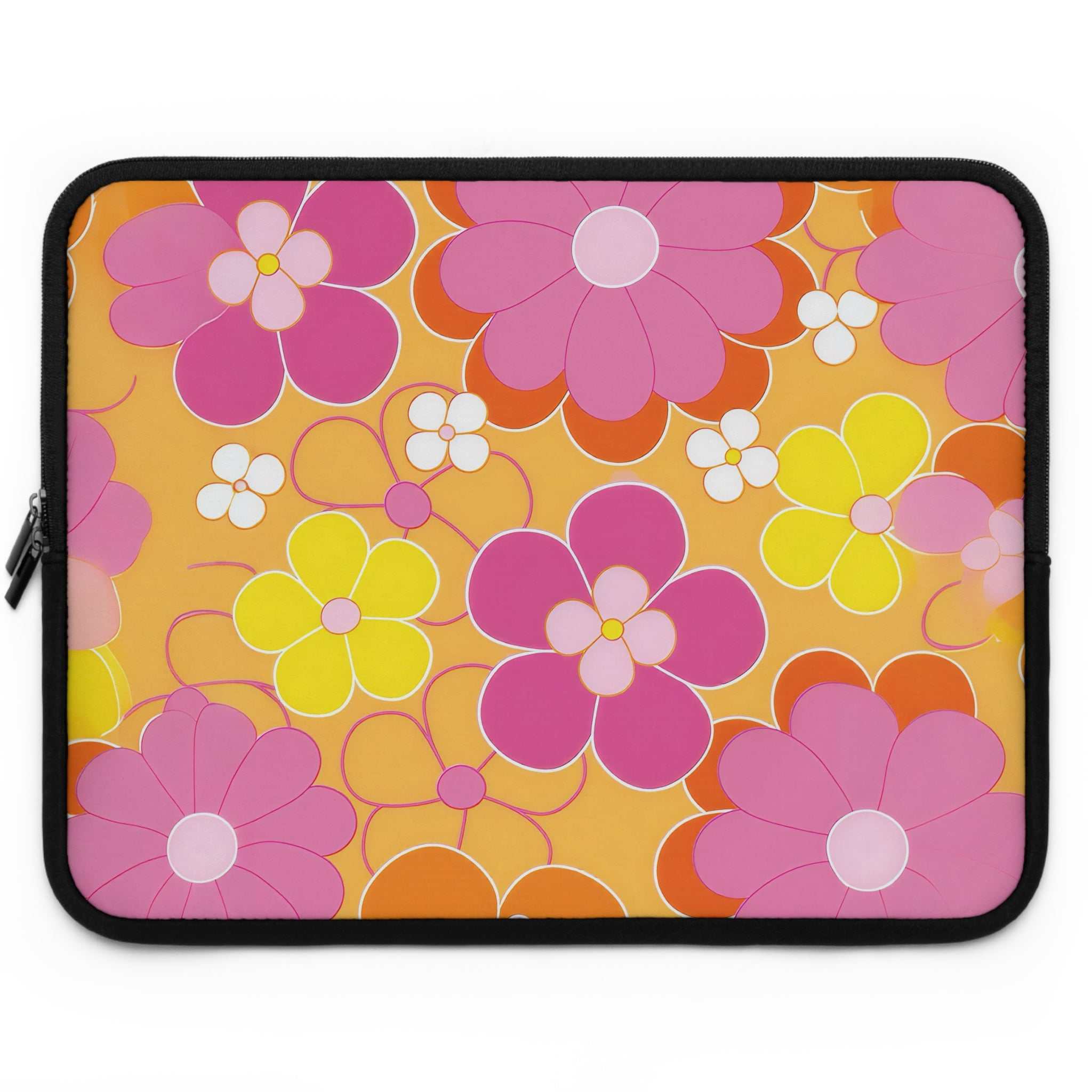 Retro floral laptop sleeve with vibrant pink, yellow, and orange flowers on yellow background, neoprene protective case with dual zipper.