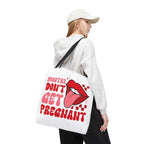 Mouths Dont Get Pregnant Tote Bag with cheeky graphic, durable spun polyester, and multiple handle color options for everyday use
