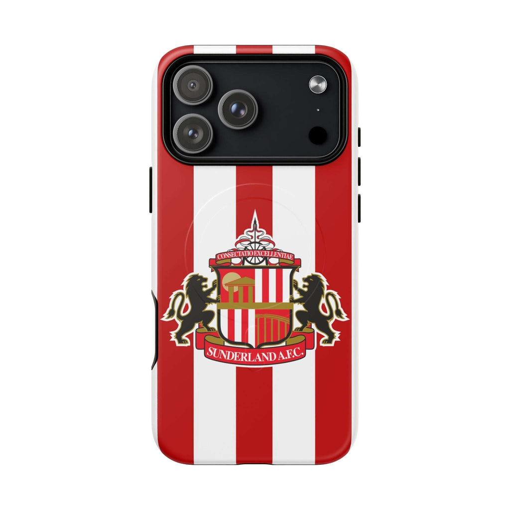 Sunderland FC MagSafe iPhone case with red and white stripes and official-inspired crest, durable dual-layer protection and wireless charging compatible