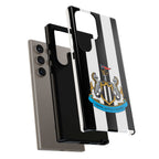 Newcastle United Samsung phone case with black and white colors and official-inspired crest, offering wireless charging and dual-layer protection