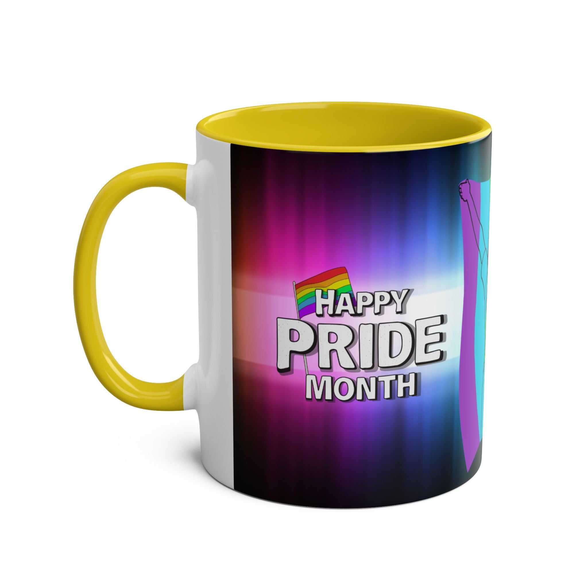 LGBTQ+ Pride mug with vibrant rainbow design and "Happy Pride Month" text, ceramic, yellow handle.