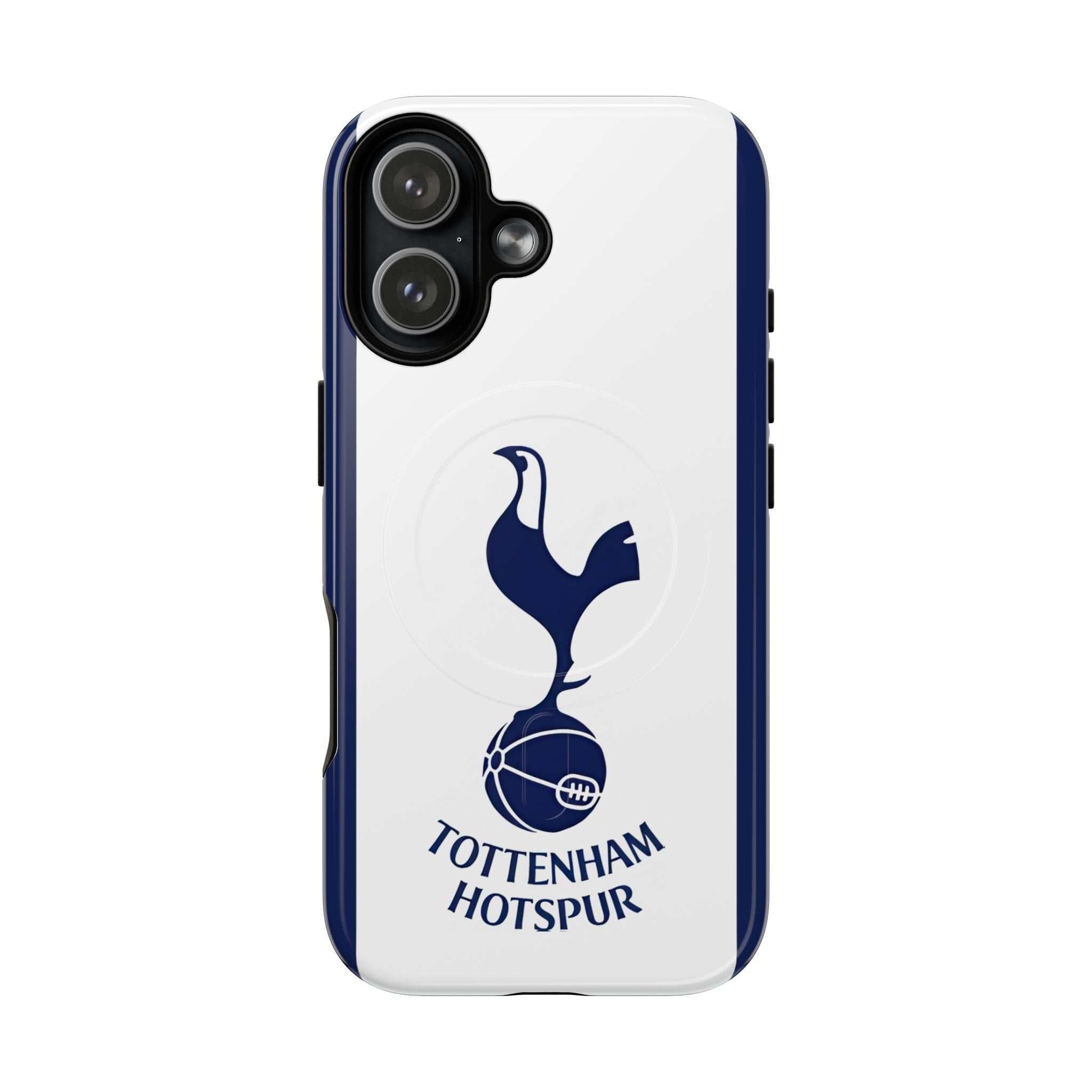 Tottenham FC MagSafe iPhone case with navy and white design, featuring Spurs crest and dual-layer protection