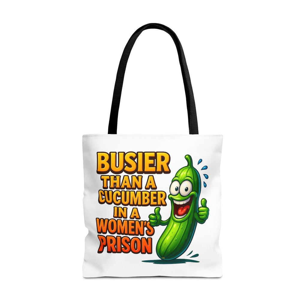Busier Than a Cucumber Tote Bag with cheeky design, durable spun polyester, available in three sizes and multiple handle colors.