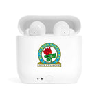 White wireless earbuds with Blackburn Rovers Fc fan-inspired logo on charging case
