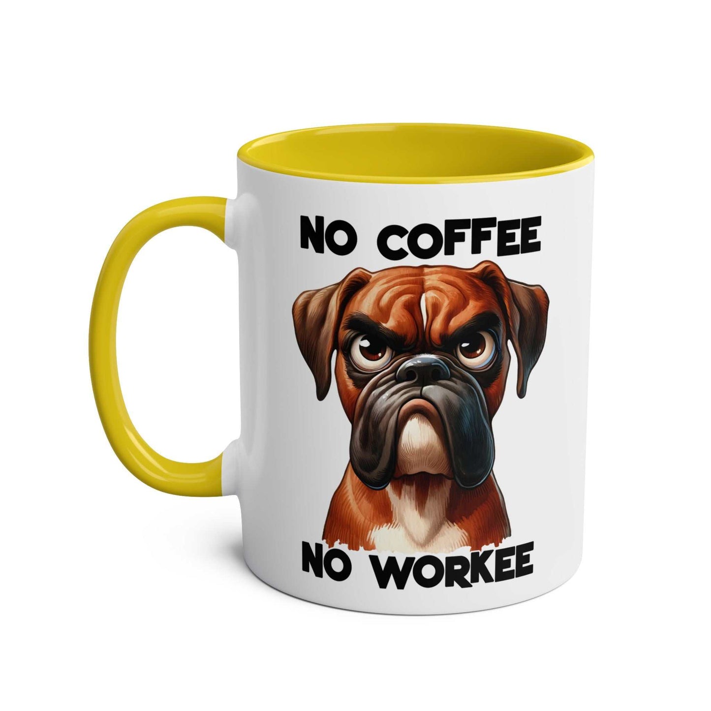 No Coffee No Workee Mug with sarky dog design, yellow interior, ceramic, 11oz, microwave and dishwasher safe.