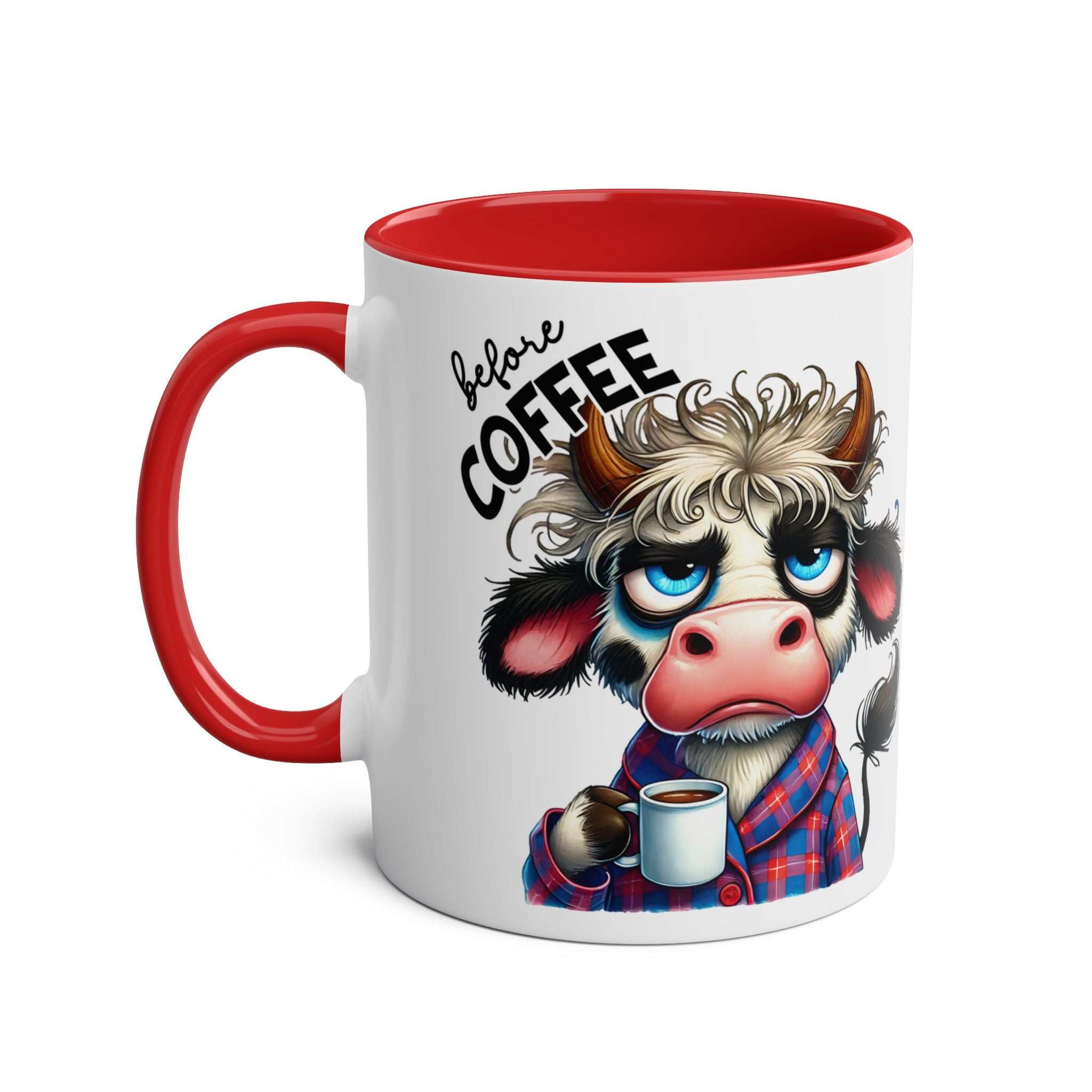 Fun Sarcastic Coffee Mug with humorous cow design, red handle, 11oz ceramic, glossy finish.