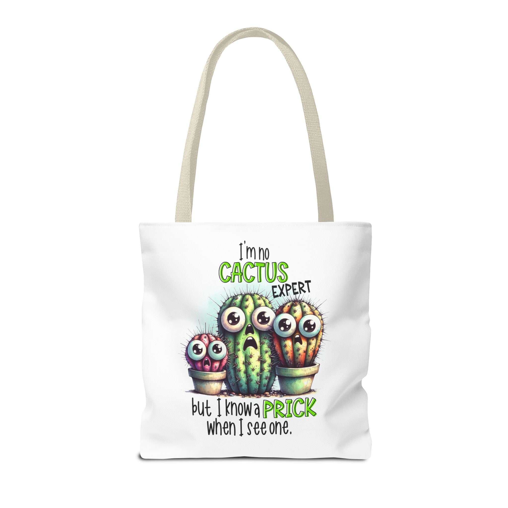 Fun cactus tote bag with cheeky design, durable spun polyester, multiple sizes and handle colors