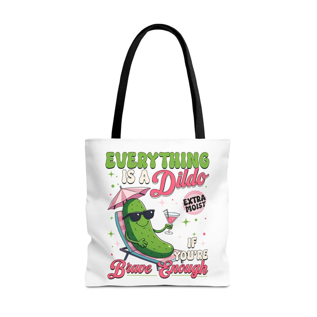 Cheeky Quote Pickle Tote Bag in three sizes with fun design and colorful handles, made from durable spun polyester