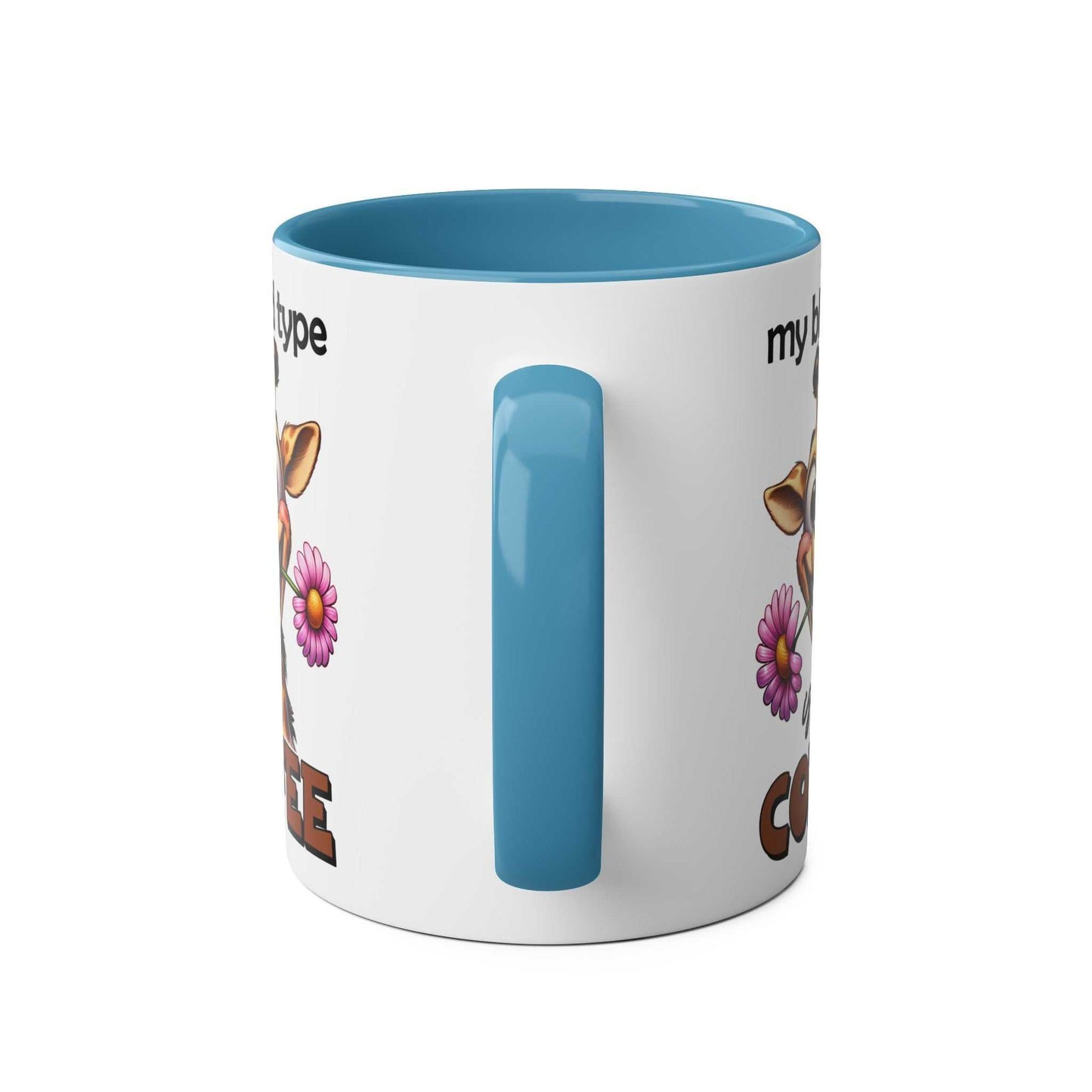 My Blood Type Coffee Mug with funny giraffe design, blue interior, and handle.