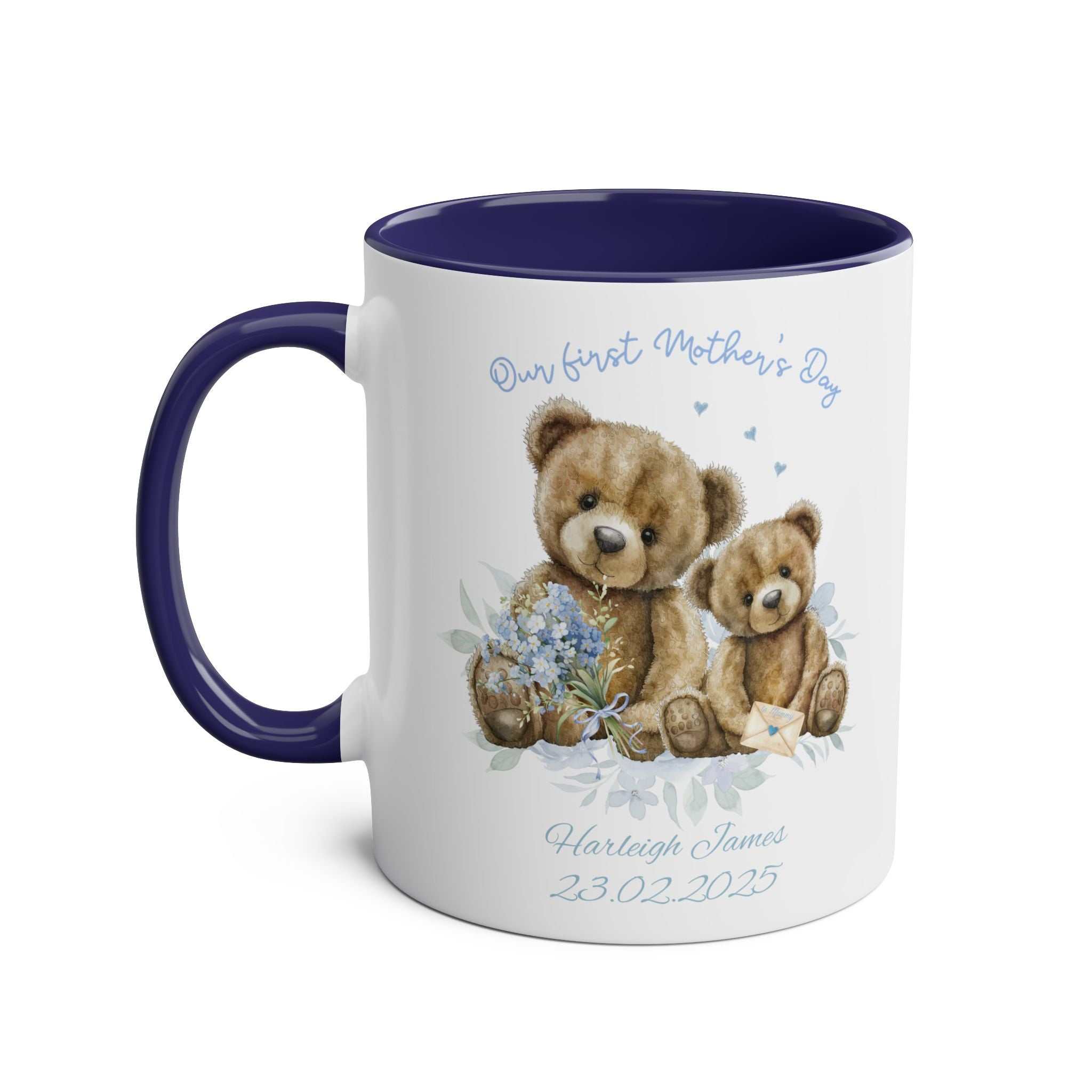 Personalised Our First Mother's Day boy gift mug with teddy bear design.