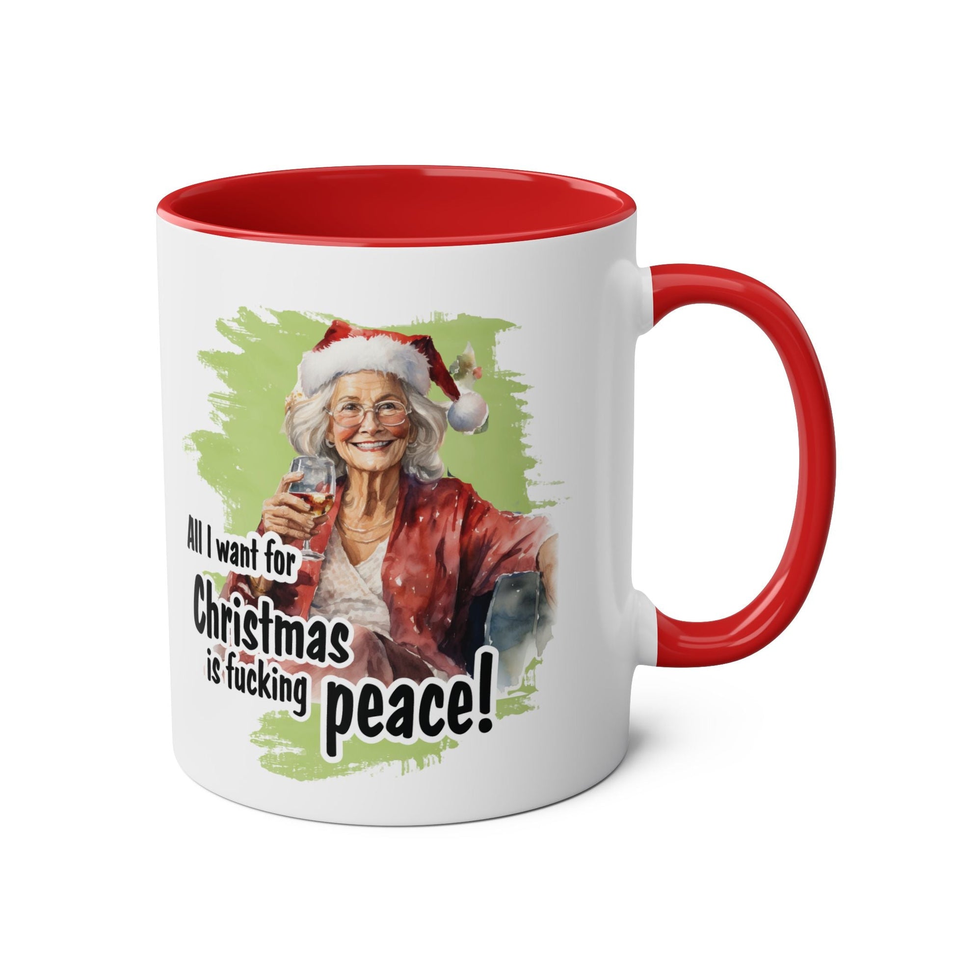 Sweary Granny Christmas Mug with festive design and red handle, 11oz ceramic, microwave and dishwasher safe.