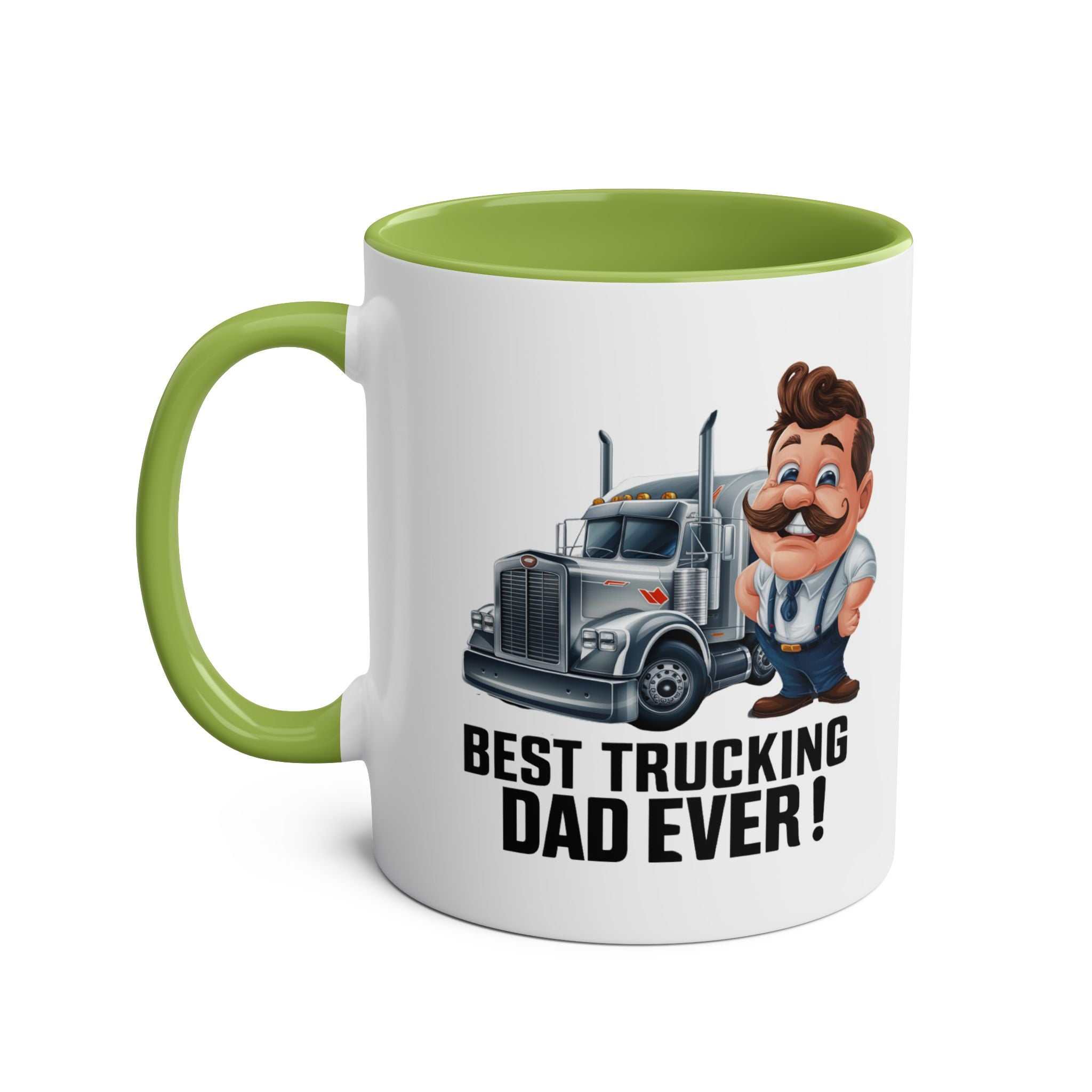 Best Trucking Dad Ever mug with truck graphic, green handle, perfect Father's Day gift.