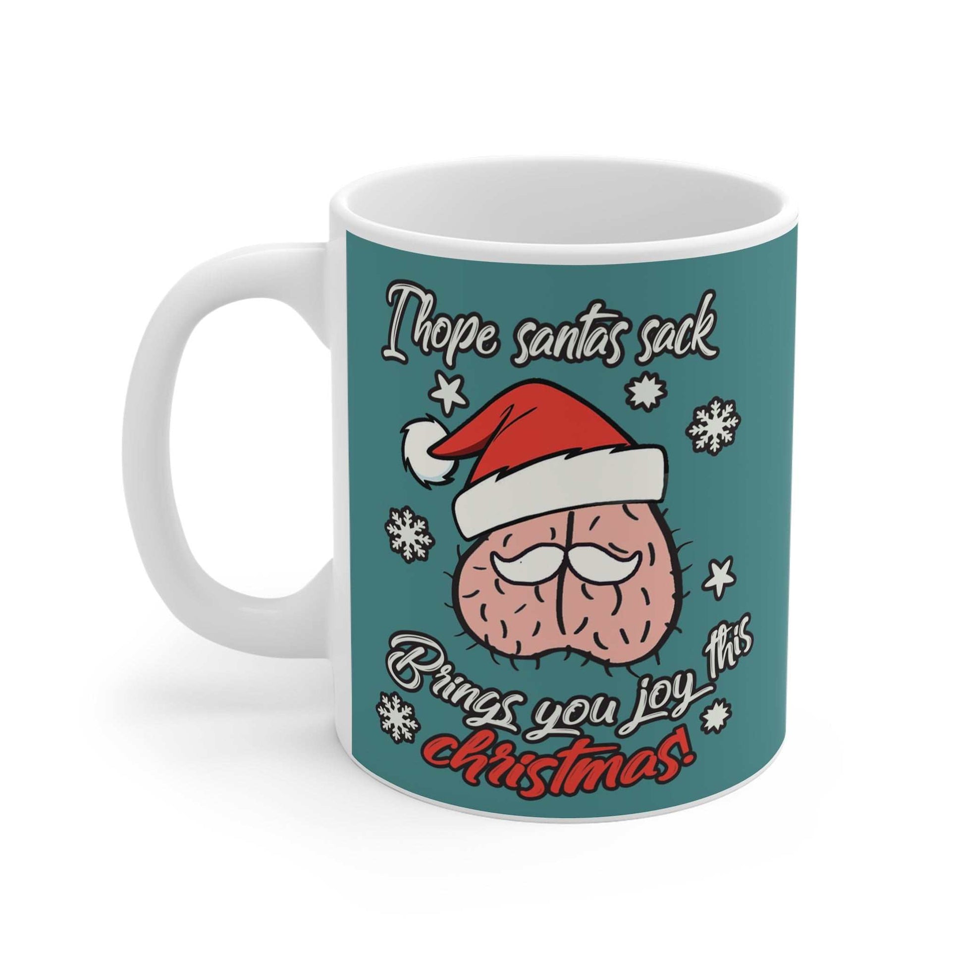 Festive Santas Sack Christmas Mug with cheeky design and glossy finish.