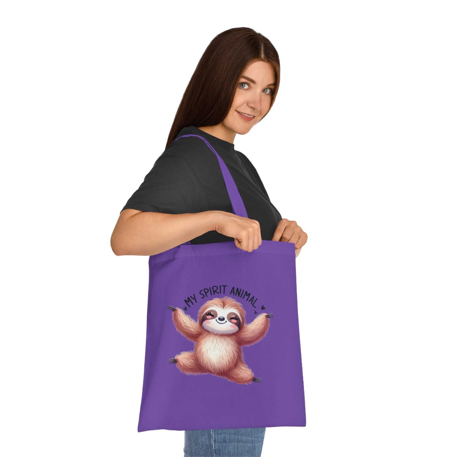 Cotton tote with cute sloth design, vibrant colors, 100% cotton fabric, ideal for sloth lovers.