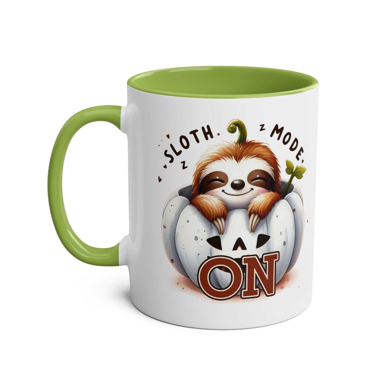 Cute sloth coffee mug with green interior, cozy design.