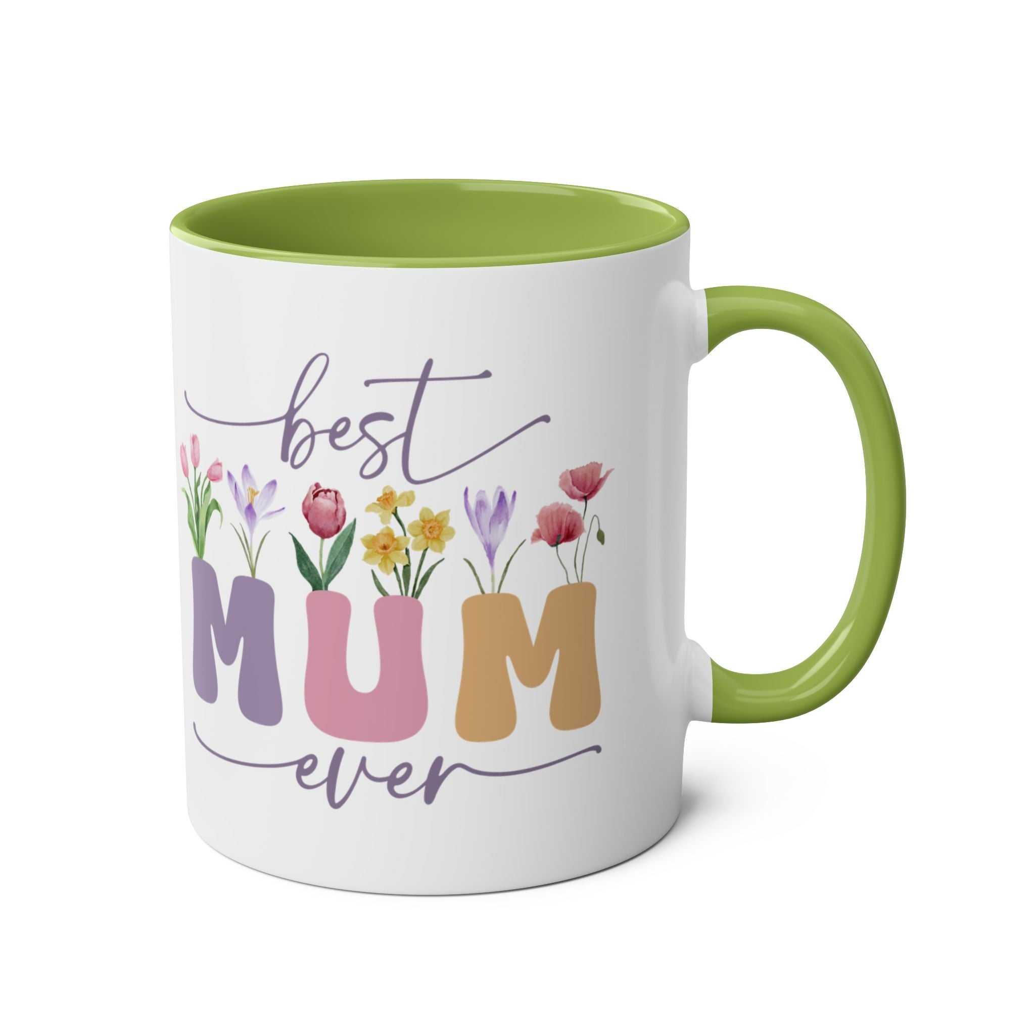 Best Mum Ever Mother's Day gift mug, floral design, green interior, 11oz ceramic, microwave and dishwasher safe.