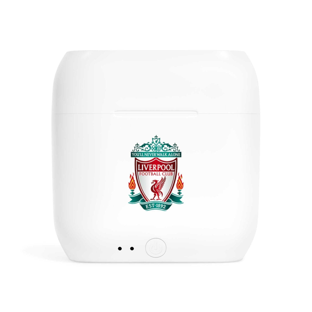 White wireless earbuds charging case with Liverpool FC fan-inspired crest logo