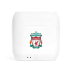 White wireless earbuds charging case with Liverpool FC fan-inspired crest logo