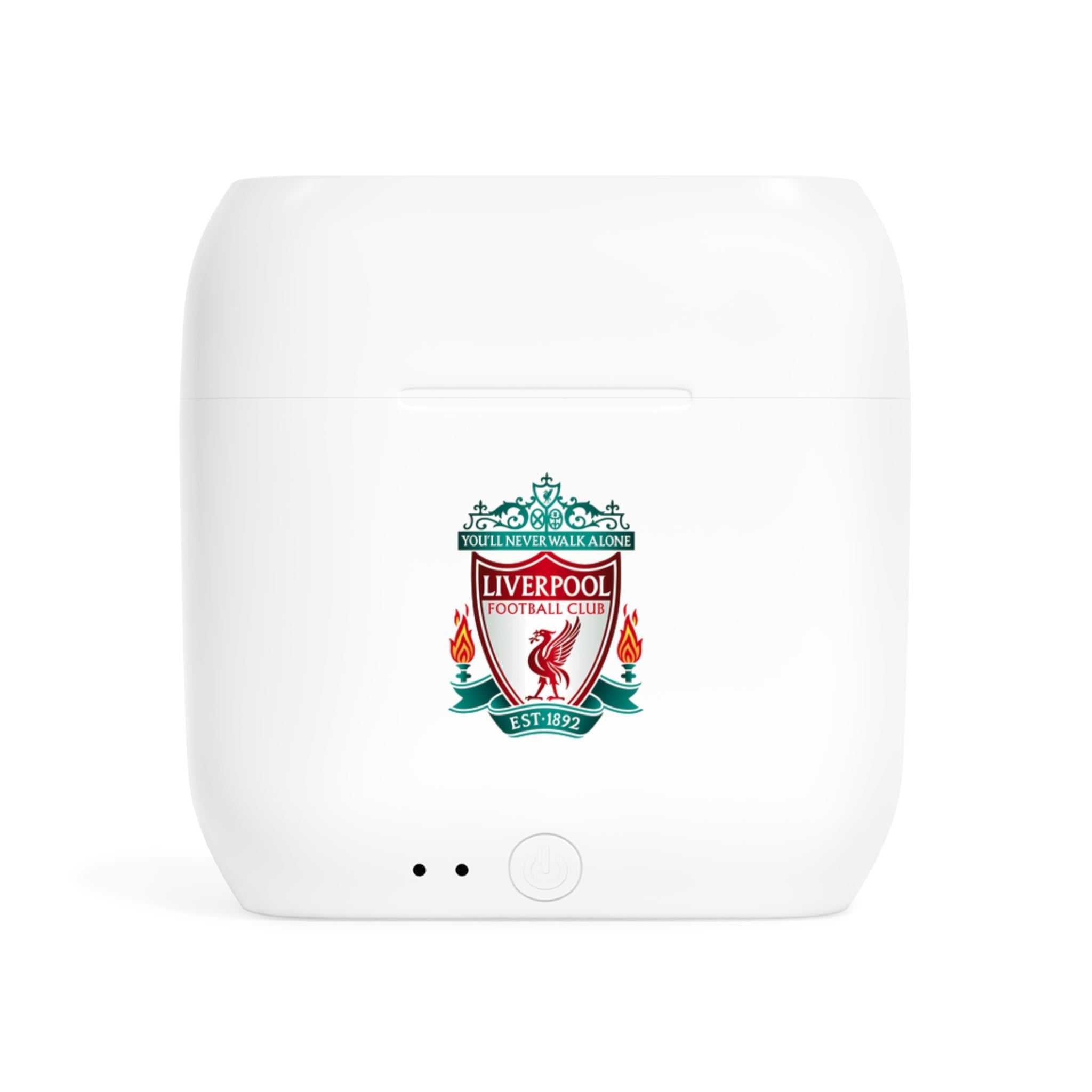 White wireless earbuds charging case with Liverpool FC fan-inspired crest logo