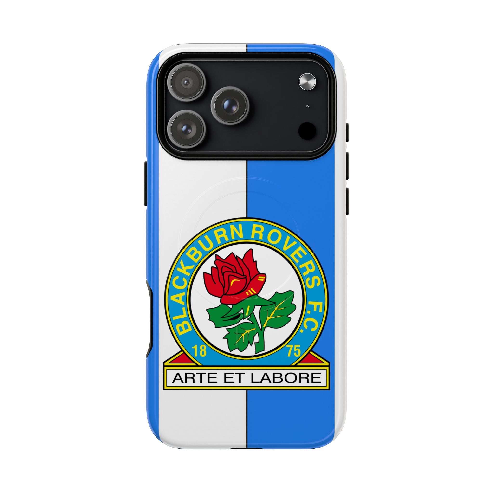 Blackburn Rovers MagSafe iPhone case with club crest in blue and white, dual-layer protection and wireless charging compatible