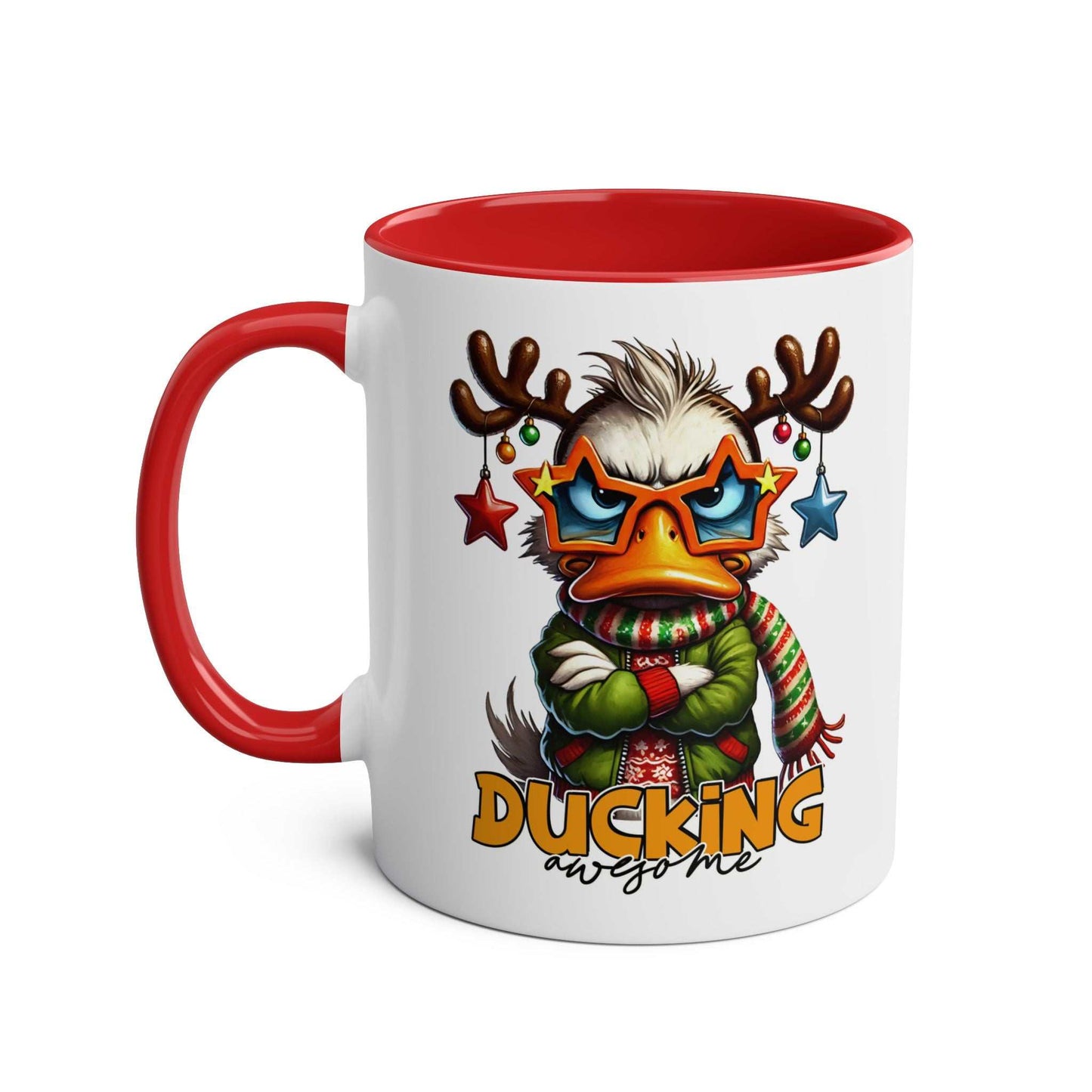 Sarky Christmas Mug with sassy duck design, available in 7 colors, glossy finish, microwave and dishwasher safe.