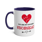 White ceramic Favourite Knobhead Mug with red heart design and dark blue handle and rim