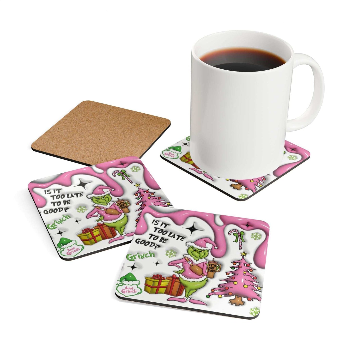 Grinch Christmas coaster set with grumpy Grinch design, 4-piece high-gloss MDF, cork back, perfect for holiday decor.