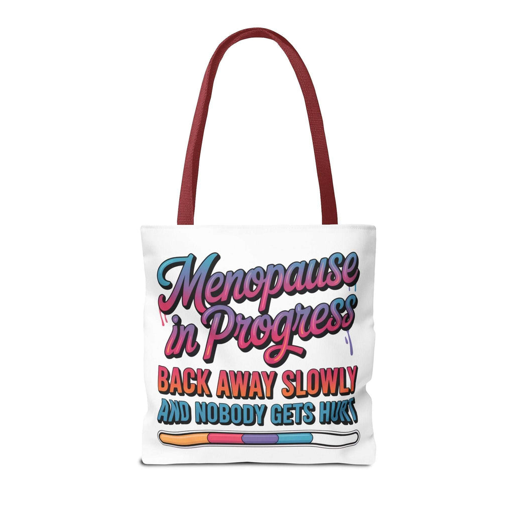 Menopause in Progress tote bag with cheeky design, durable polyester, multiple sizes and handle colors