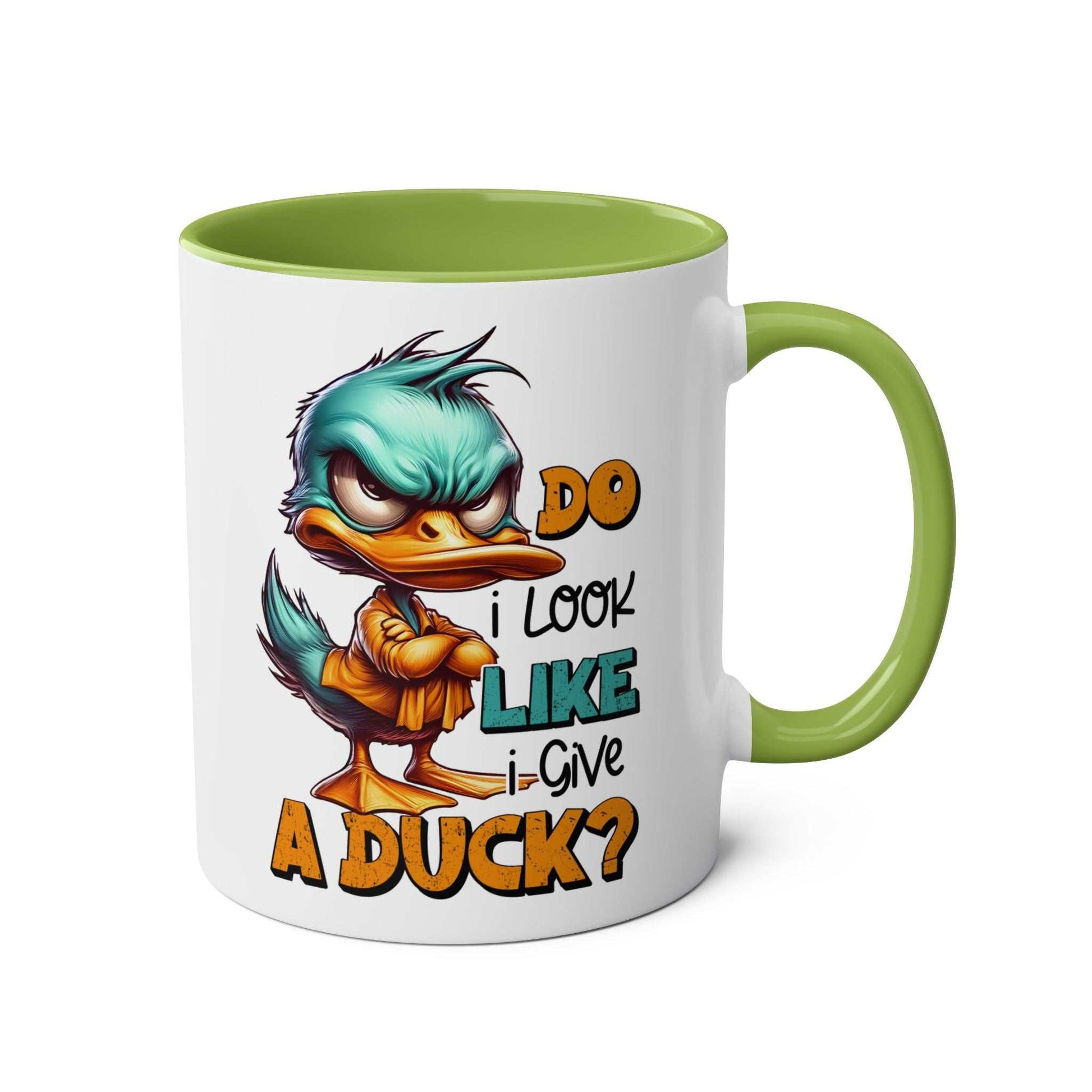 Quirky Give A Duck Coffee Mug with playful duck design and green handle.