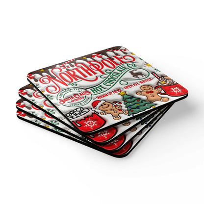 Northpole Christmas Coaster Set with festive holiday design and non-slip cork backing.