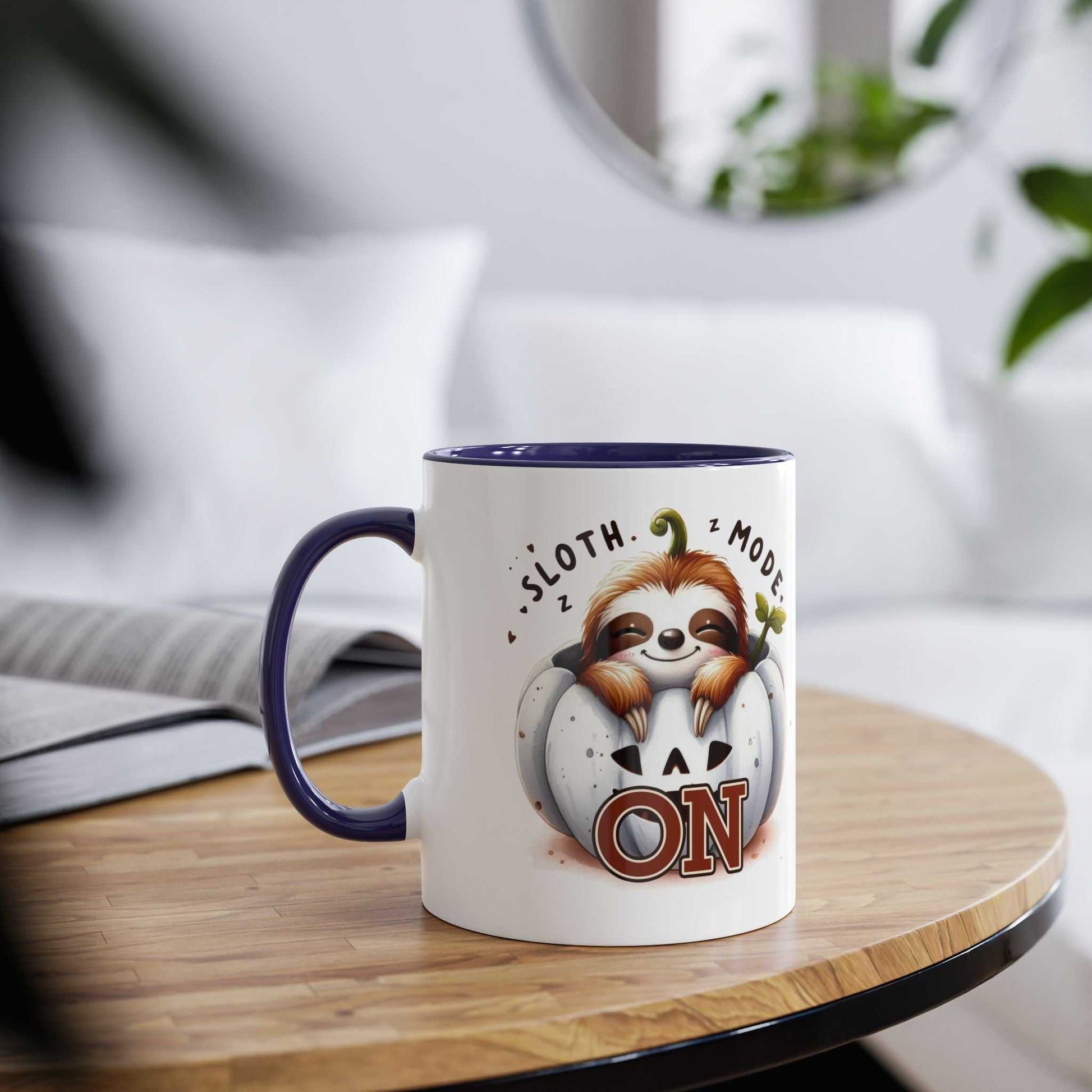 Cute sloth coffee mug with "Sloth Mode On" design, ceramic, glossy finish, 11oz, microwave and dishwasher safe.